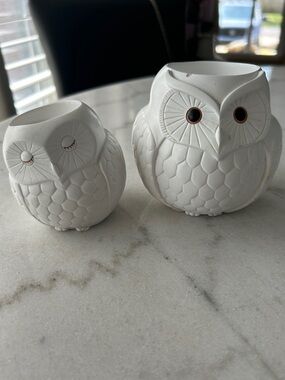 Pair of PartyLite White Ceramic Owl Votive Cup